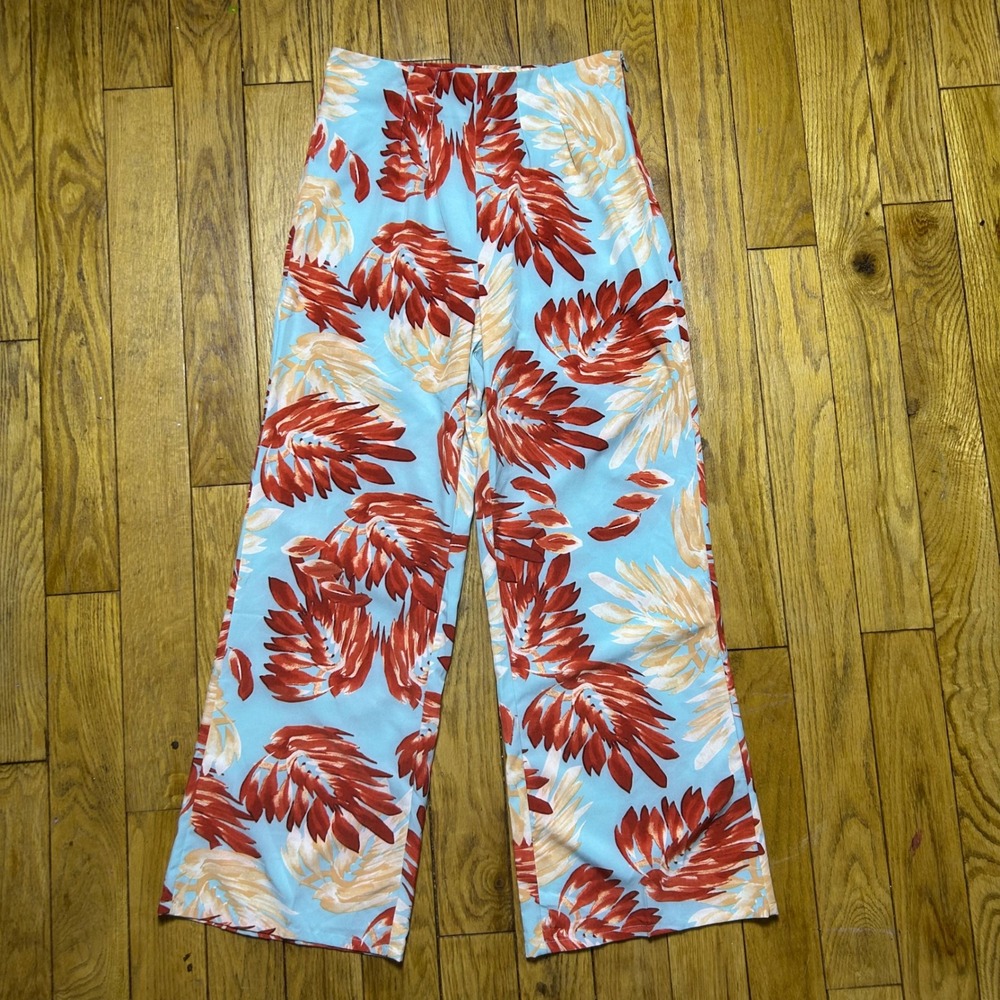 Milk & Honey Tropical Leaf Print High Waisted Wide Leg Pants Blue Rust Small